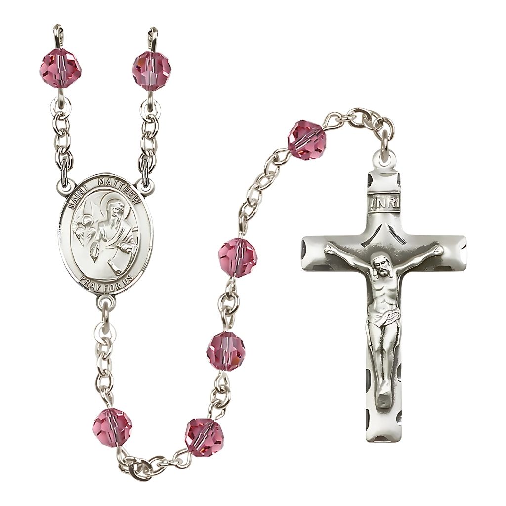 Bliss St. Matthew the Apostle Birthstone Sterling Silver Rosary in 6mm Austrian Crystal Rose