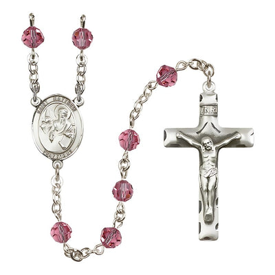 St. Matthew the Apostle Birthstone Sterling Silver Rosary in 6mm Austrian Crystal Rose, Bliss Manufacturing