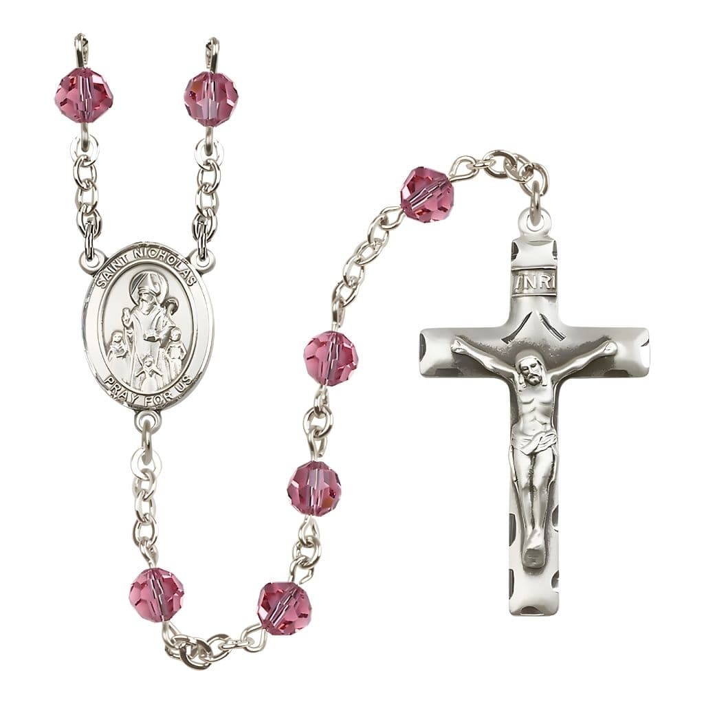 Bliss St. Nicholas Rosary, October Birthstone 6mm Pink Austrian Crystal Beads with Sterling Silver Centerpiece and Crucifix