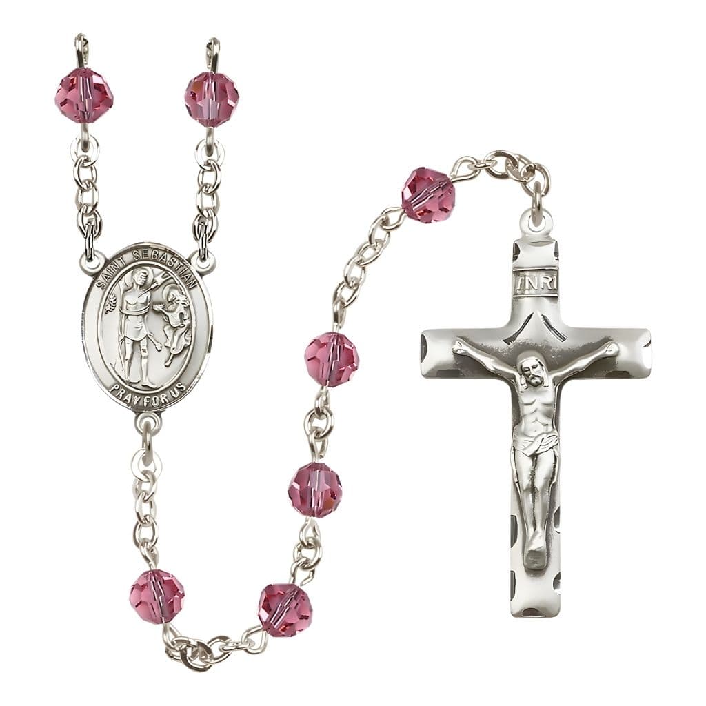 Bliss St. Sebastian Engravable Rosary with Sterling Silver Crucifix and Centerpiece, Birthstone 6mm Austrian Crystal Pink Rose Beads for October