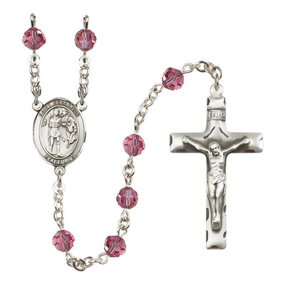 St. Sebastian Engravable Rosary with Sterling Silver Crucifix and Centerpiece, Birthstone 6mm Austrian Crystal Pink Rose Beads for October, Bliss Manufacturing