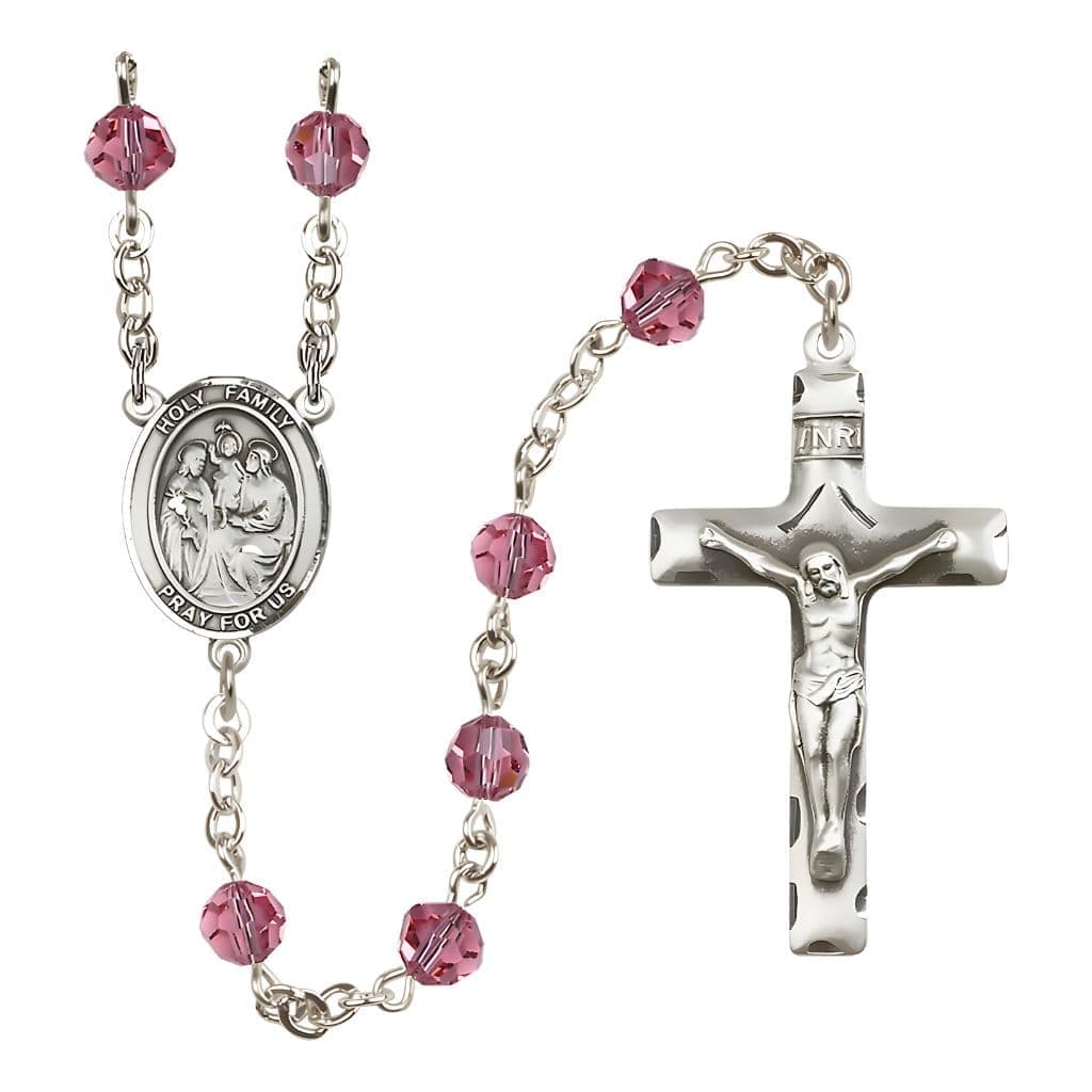 Bliss Holy Family Engravable Rosary with Sterling Silver Crucifix and Centerpiece, Birthstone 6mm Austrian Crystal Pink Rose Beads for October