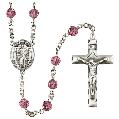 Jesus Divine Mercy Engravable Rosary with Sterling Silver Crucifix and Centerpiece, Birthstone 6mm Austrian Crystal Pink Rose Beads for October, Bliss Manufacturing