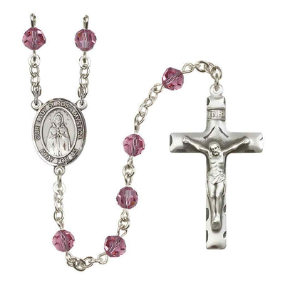 Our Lady of Rosa Mystica Rosary with Sterling Silver Traditional Crucifix and Centerpiece, Birthstone 6mm Austrian Crystal Pink Rose Beads for October