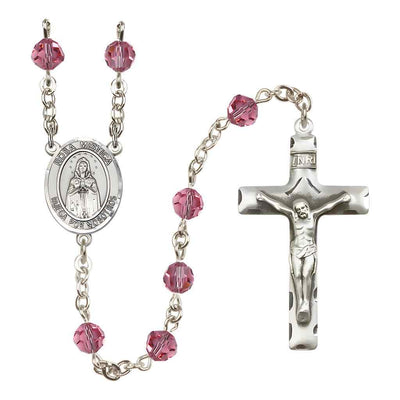 Spanish Rosa Mystica Rosary with Sterling Silver Traditional Crucifix and Centerpiece, Birthstone 6mm Austrian Crystal Pink Rose Beads for October