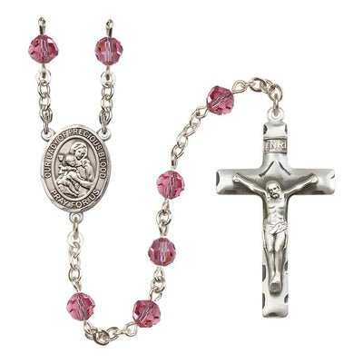 Our Lady of the Precious Blood Rosary with Sterling Silver Traditional Crucifix and Centerpiece, Birthstone 6mm Austrian Crystal Pink Rose Beads for October