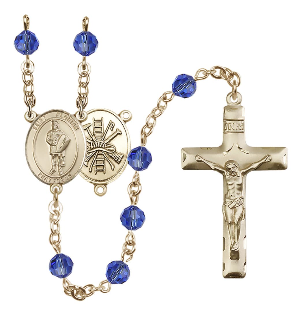 Bliss St Florian Firefighter Gold-filled 6mm Austrian Crystal Rosary in Sapphire September Birthstone,