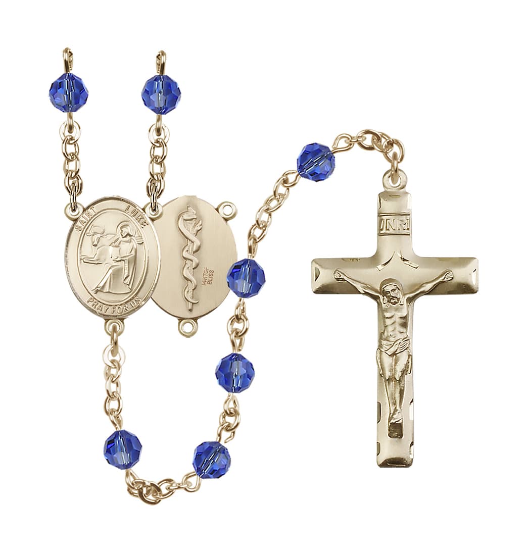 Bliss St Luke the Apostle Doctor 14kt Gold-filled 6mm Austrian Sapphire Crystal Rosary,