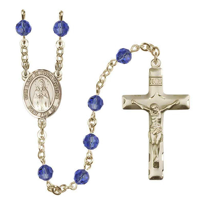 Our Lady of Rosa Mystica Rosary with Gold-filled Traditional Crucifix and Centerpiece, Birthstone 6mm Austrian Crystal Sapphire Beads for September