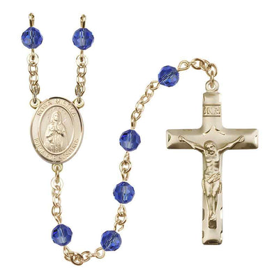 Spanish Rosa Mystica Rosary with Gold-filled Traditional Crucifix and Centerpiece, Birthstone 6mm Austrian Crystal Sapphire Beads for September