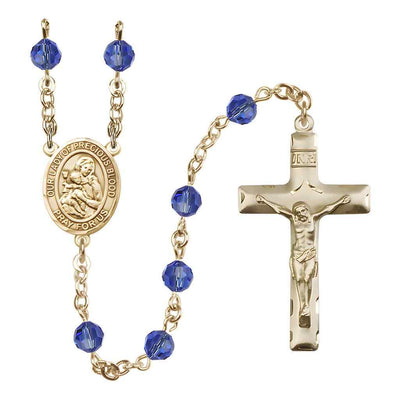 Our Lady of the Precious Blood Rosary with Gold-filled Traditional Crucifix and Centerpiece, Birthstone 6mm Austrian Crystal Sapphire Beads for September