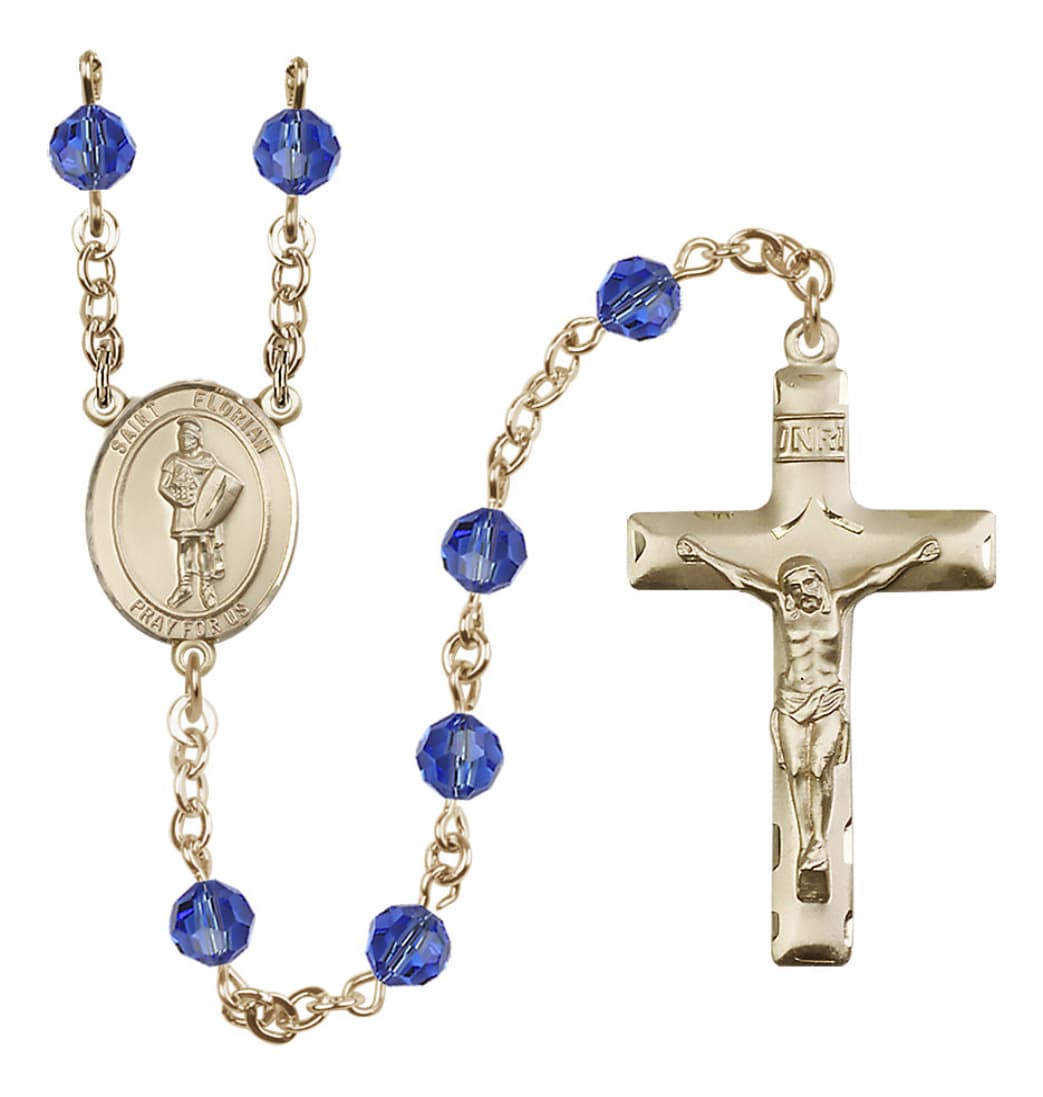 Bliss St Florian Firefighter 14kt Gold 6mm Austrian Crystal Sapphire September Birthstone Rosary,