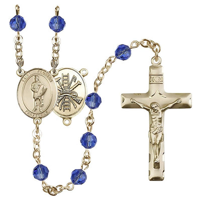 St. Florian centerpiece with firefighter gear on back Birthstone 14kt Gold Rosary with Sapphire 6mm Austrian crystal beads with a traditional crucifix, Bliss Manufacturing