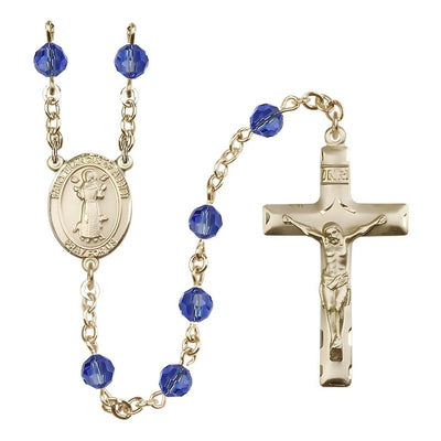 St. Francis of Assisi 14kt Gold Sapphire 6mm Austrian Crystal Bead Rosary, USA Made, Bliss Manufacturing