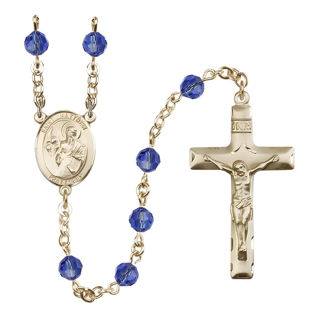 Bliss St. Matthew the Apostle 6mm Austrian Crystal Birthstone 14kt Gold Rosary in Sapphire