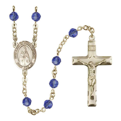 Our Lady of Rosa Mystica Rosary with 14kt Gold Traditional Crucifix and Centerpiece, Birthstone 6mm Austrian Crystal Sapphire Beads for September