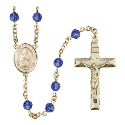 Spanish Rosa Mystica Rosary with 14kt Gold Traditional Crucifix and Centerpiece, Birthstone 6mm Austrian Crystal Sapphire Beads for September