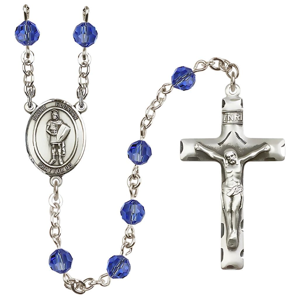 Bliss St. Florian Sterling Silver Rosary with Birthstone 6mm Round Austrian Crystal beads in Sapphire