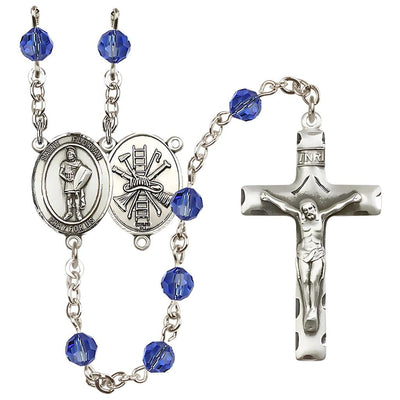 St Florian Firefighter Sterling Silver 6mm Austrian Sapphire Crystal Birthstone Rosary with Ladder and Hat on Back, Bliss Manufacturing