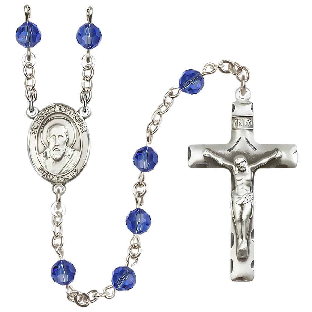 St. Francis de Sales Rosary with 6mm Sapphire Austrian Crystal Beads and Sterling Silver,