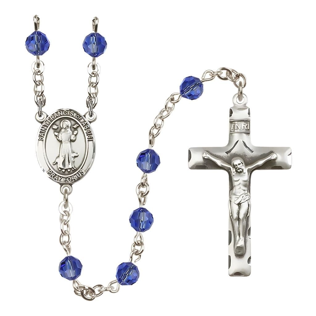 Bliss St. Francis of Assisi Sterling Silver 6mm Sapphire Austrian Crystal Bead Rosary, USA Made