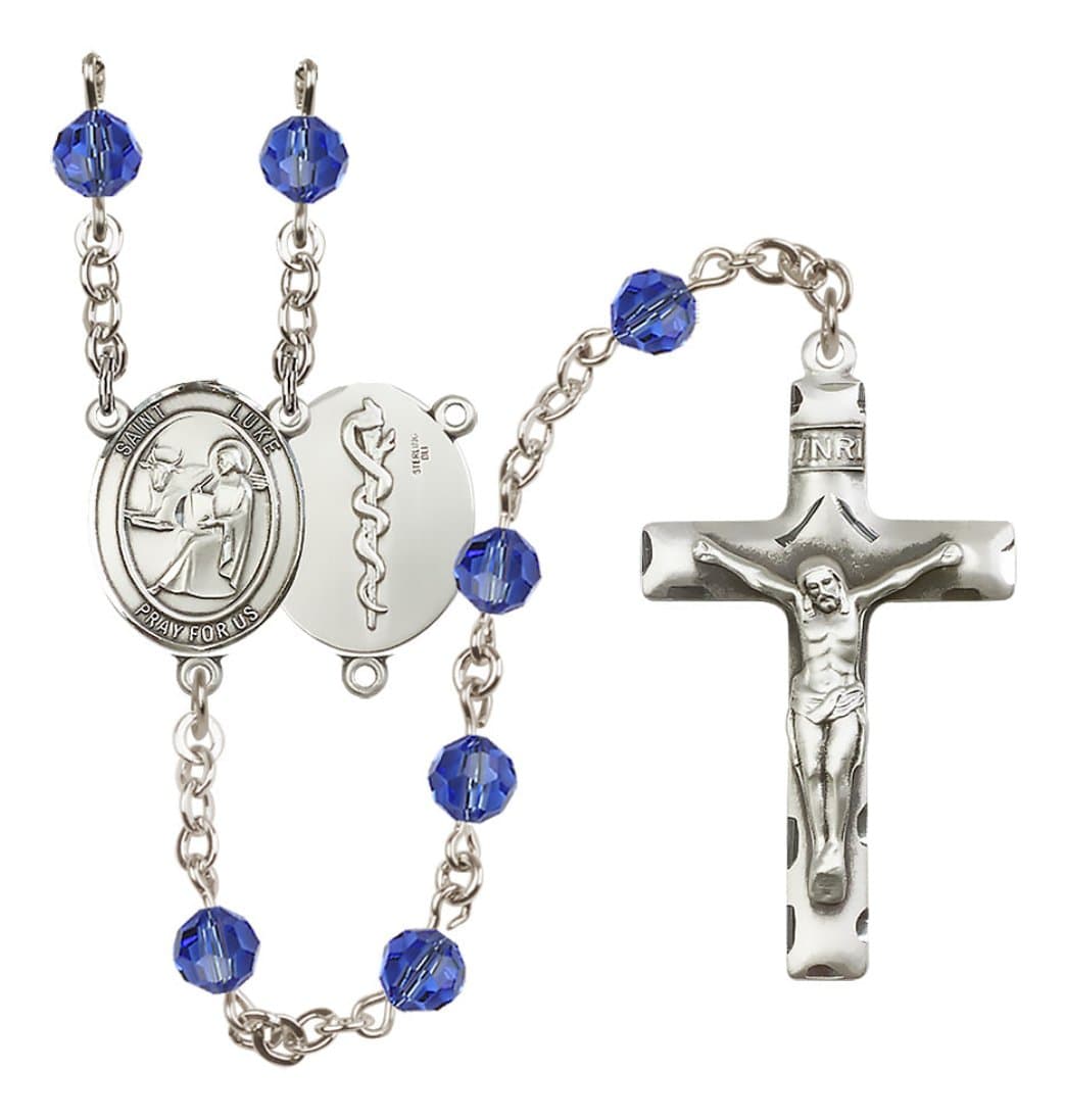 Bliss Sterling Silver 6mm Austrian Crystal Saint Luke the Apostle / Doctor Rosary in Sapphire,