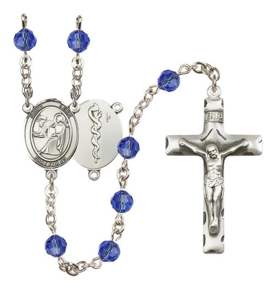 Sterling Silver 6mm Austrian Crystal Saint Luke the Apostle / Doctor Rosary in Sapphire, Bliss Manufacturing