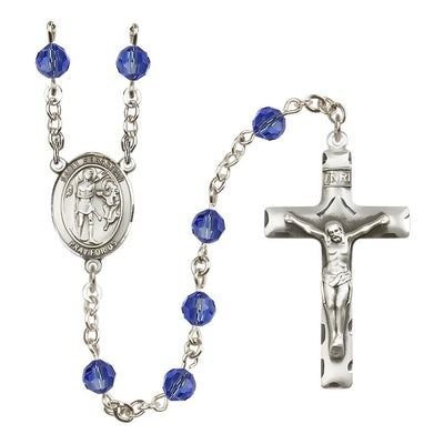 s St. Sebastian Engravable Rosary with Sterling Silver Crucifix and Centerpiece, Birthstone 6mm Austrian Crystal Sapphire Beads for September, Bliss Manufacturing