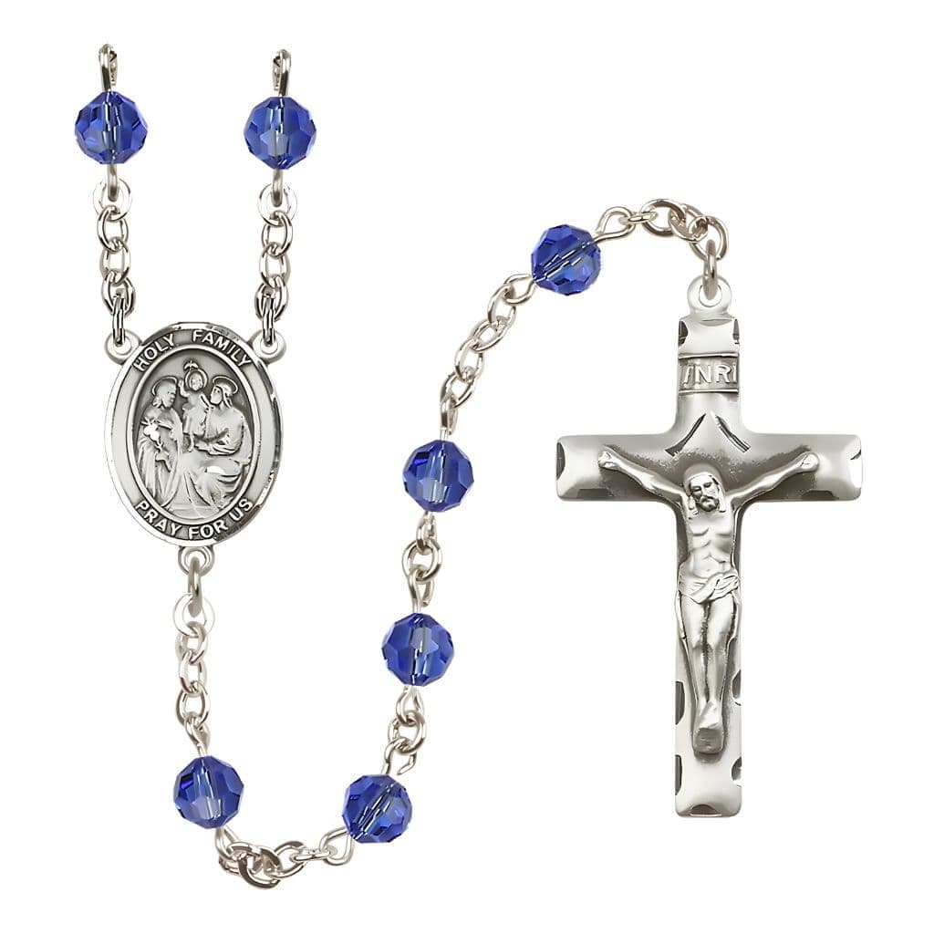 Bliss Holy Family Engravable Rosary with Sterling Silver Crucifix and Centerpiece, Birthstone 6mm Austrian Crystal Sapphire Beads for September