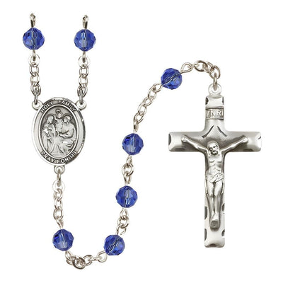 Holy Family Engravable Rosary with Sterling Silver Crucifix and Centerpiece, Birthstone 6mm Austrian Crystal Sapphire Beads for September, Bliss Manufacturing