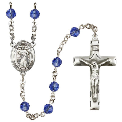 Jesus Divine Mercy Engravable Rosary with Sterling Silver Crucifix and Centerpiece, Birthstone 6mm Austrian Crystal Sapphire Beads for September, Bliss Manufacturing