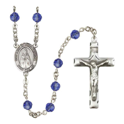 Our Lady of Rosa Mystica Rosary with Sterling Silver Traditional Crucifix and Centerpiece, Birthstone 6mm Austrian Crystal Sapphire Beads for September