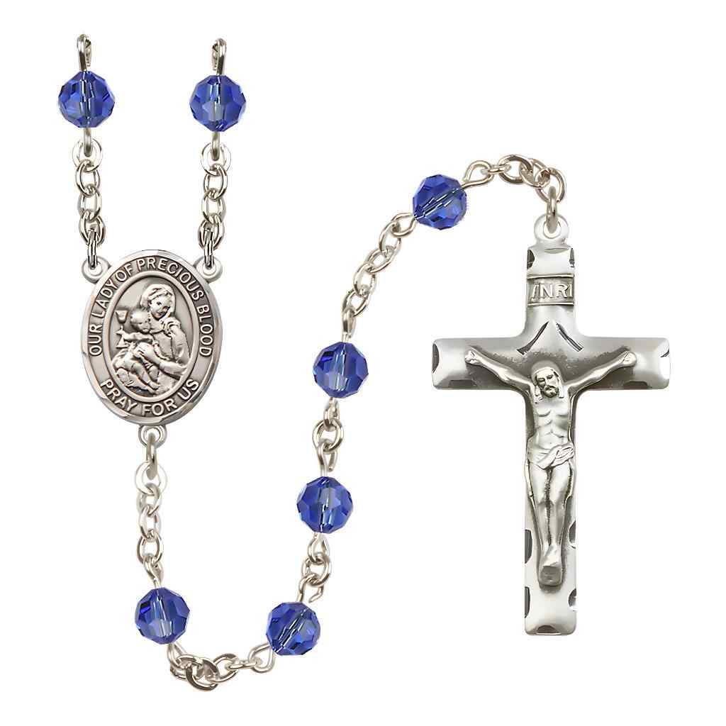 Our Lady of the Precious Blood Rosary with Sterling Silver Traditional Crucifix and Centerpiece, Birthstone 6mm Austrian Crystal Sapphire Beads for September