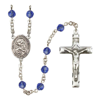 Our Lady of the Precious Blood Rosary with Sterling Silver Traditional Crucifix and Centerpiece, Birthstone 6mm Austrian Crystal Sapphire Beads for September