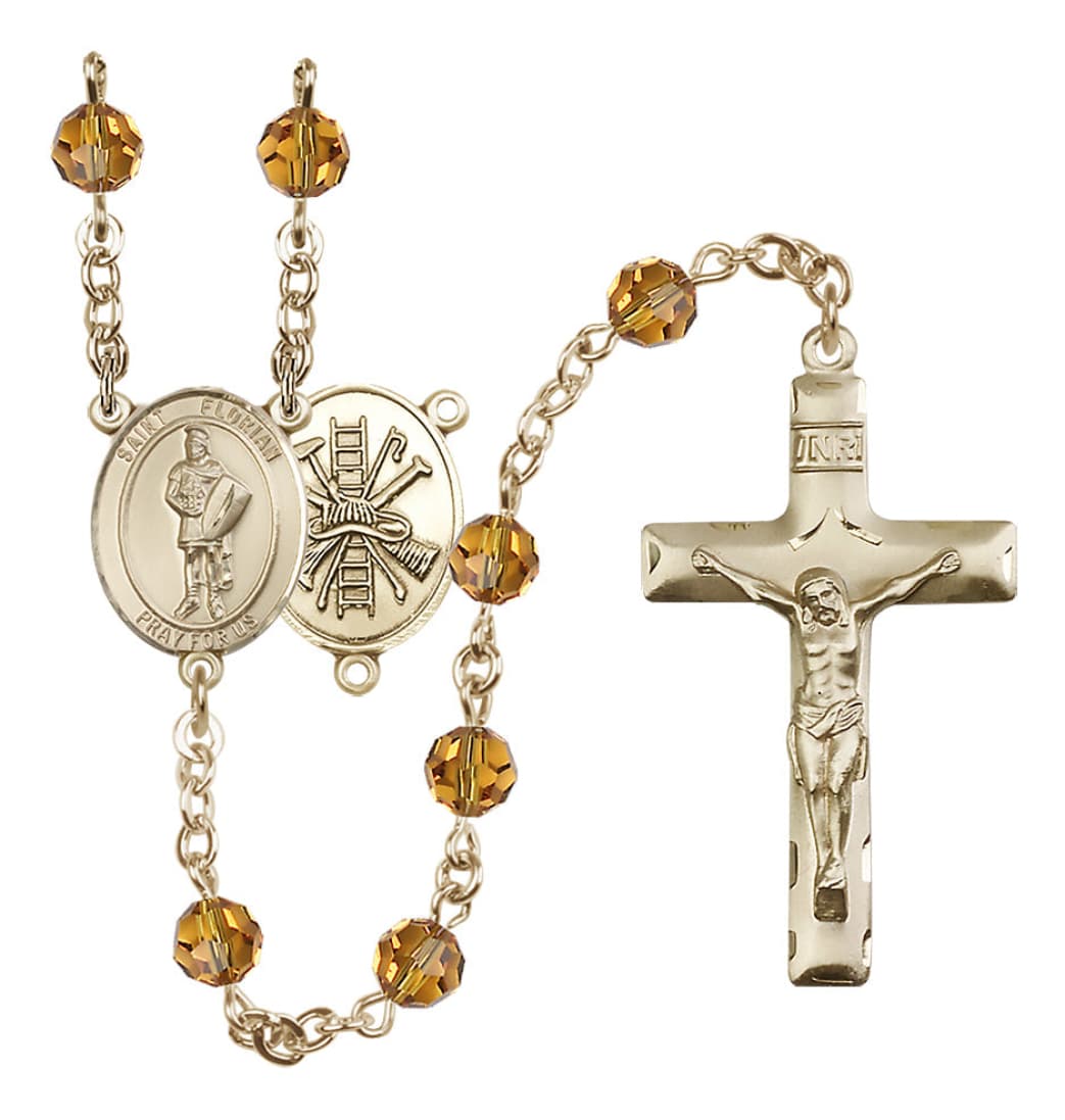 Bliss St Florian Firefighter Gold-filled 6mm Austrian Crystal Rosary in Topaz November Birthstone,