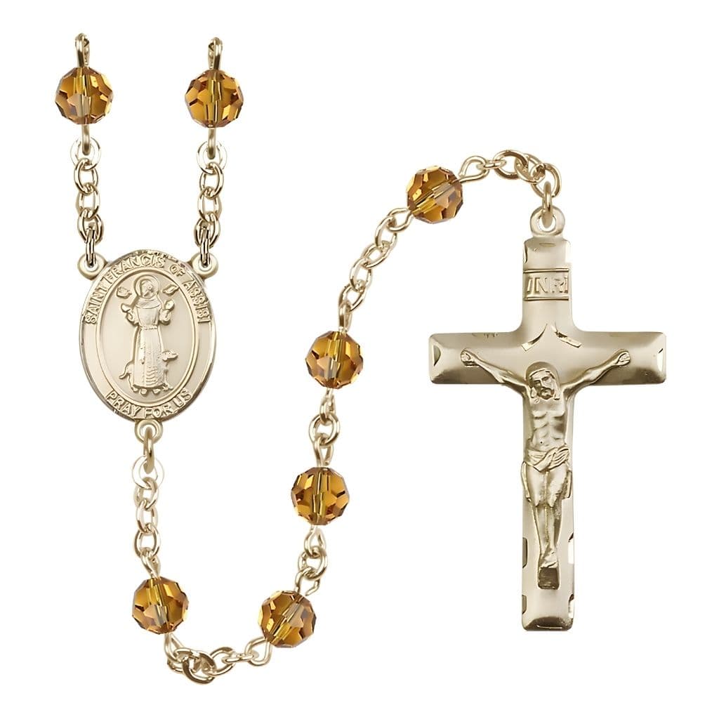 Bliss St. Francis of Assisi Gold-filled Topaz 6mm Austrian Crystal Bead Rosary, USA Made