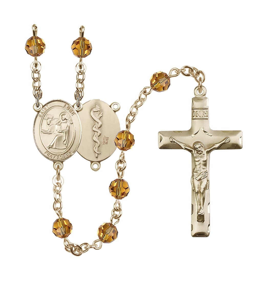 Bliss St Luke the Apostle Doctor 14kt Gold-filled 6mm Austrian Topaz Crystal Rosary,