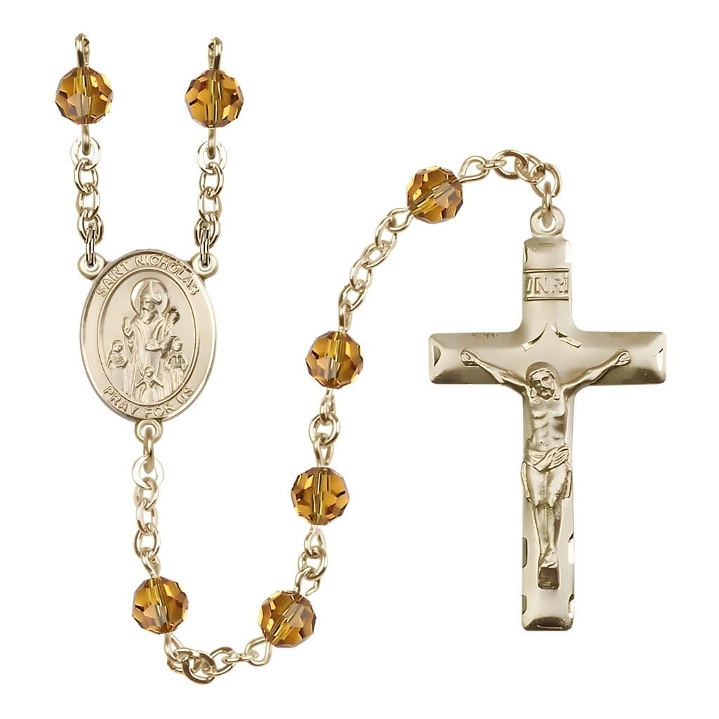 Bliss St. Nicholas Rosary, November Birthstone 6mm Topaz Austrian Crystal Beads with 14kt Gold Centerpiece and Crucifix