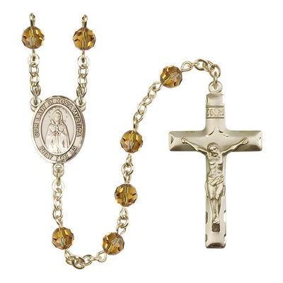 Our Lady of Rosa Mystica Rosary with Gold-filled Traditional Crucifix and Centerpiece, Birthstone 6mm Austrian Crystal Topaz Beads for November