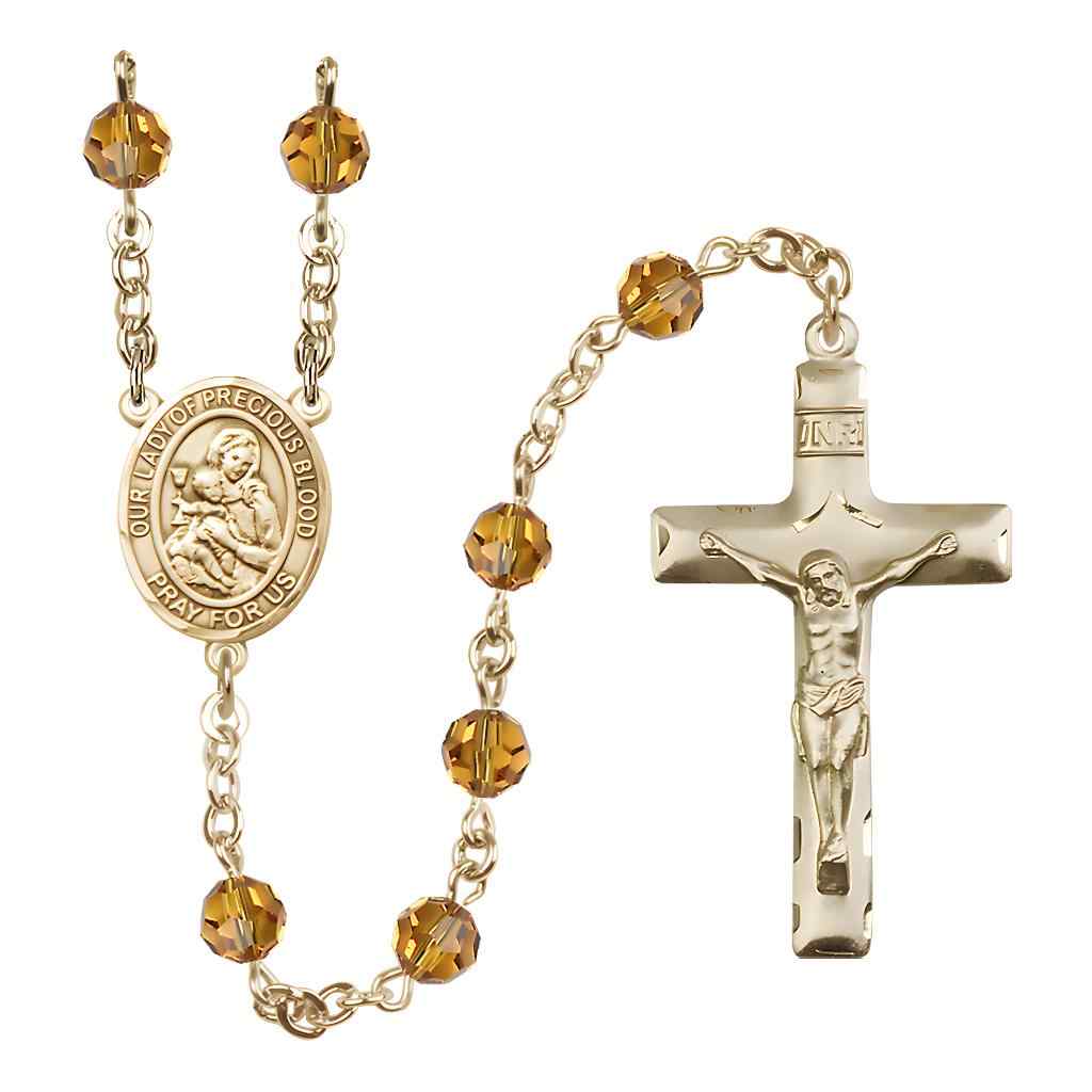 Our Lady of the Precious Blood Rosary with Gold-filled Traditional Crucifix and Centerpiece, Birthstone 6mm Austrian Crystal Topaz Beads for November