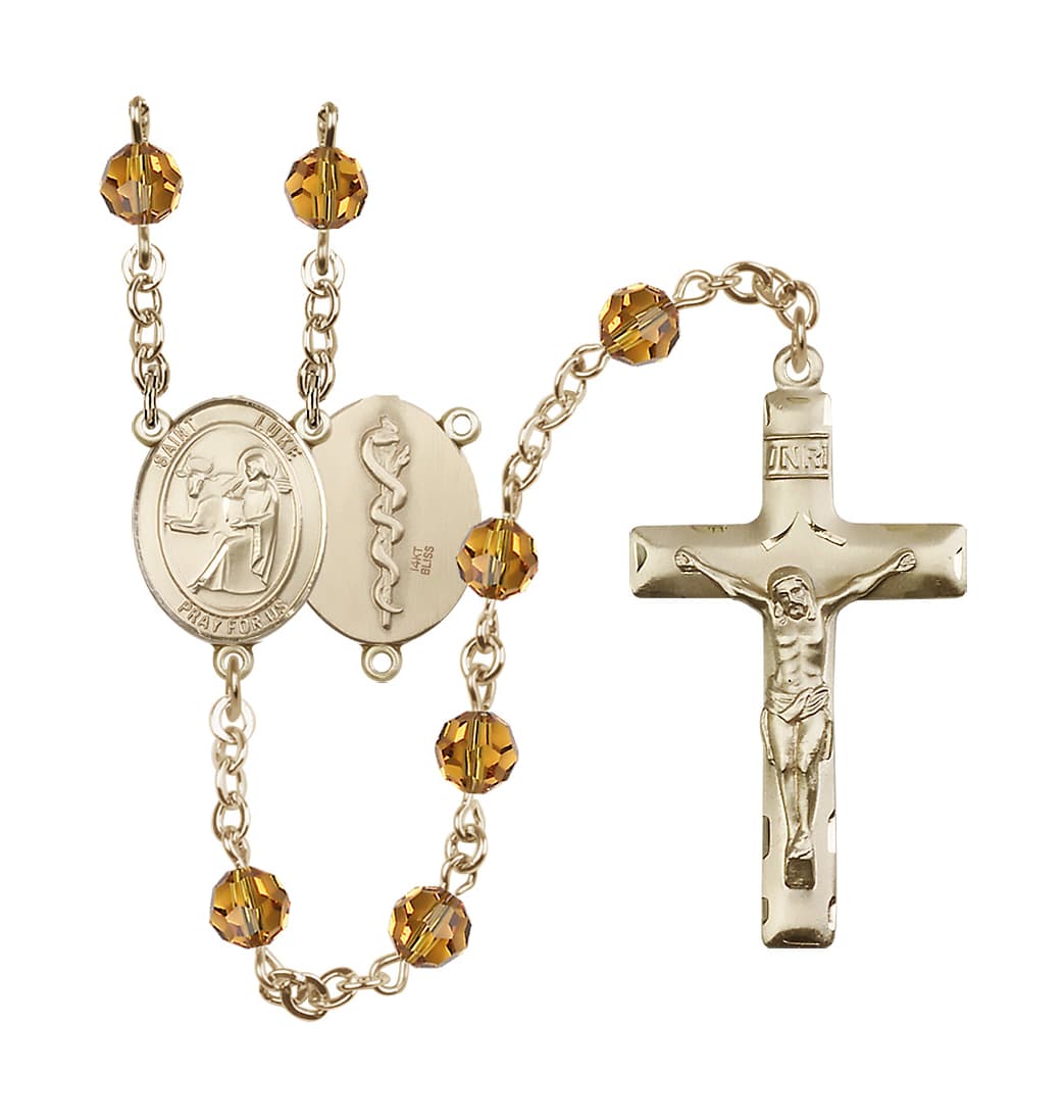 Bliss Doctor St Luke the Apostle 14kt Gold 6mm Austrian Crystal Rosary in Topaz/Nov,