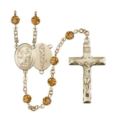 Doctor St Luke the Apostle 14kt Gold 6mm Austrian Crystal Rosary in Topaz/Nov, Bliss Manufacturing