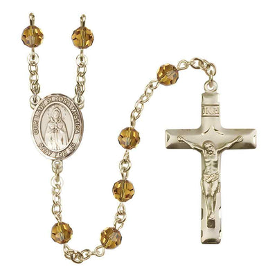 Our Lady of Rosa Mystica Rosary with 14kt Gold Traditional Crucifix and Centerpiece, Birthstone 6mm Austrian Crystal Topaz Beads for November