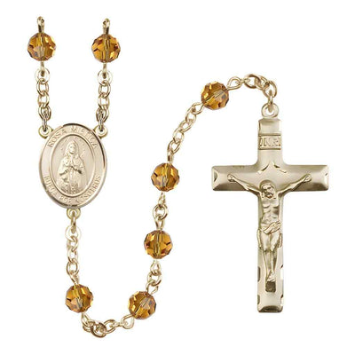 Spanish Rosa Mystica Rosary with 14kt Gold Traditional Crucifix and Centerpiece, Birthstone 6mm Austrian Crystal Topaz Beads for November