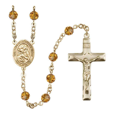 Our Lady of the Precious Blood Engravable Rosary with 14kt Gold Traditional Crucifix and Centerpiece, Birthstone 6mm Austrian Crystal Topaz Beads for November