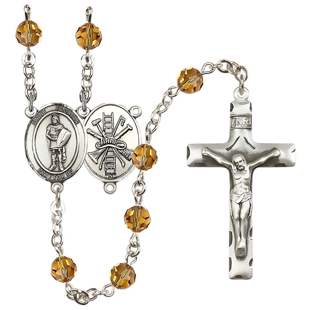 Bliss St Florian Firefighter Sterling Silver 6mm Austrian Topaz Crystal Birthstone Rosary with Ladder and Hat on Back,
