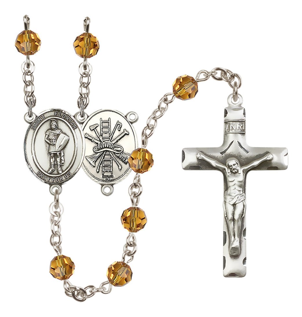 Bliss St Florian Firefighter Sterling Silver 6mm Austrian Topaz Crystal Birthstone Rosary with Ladder and Hat on Back,