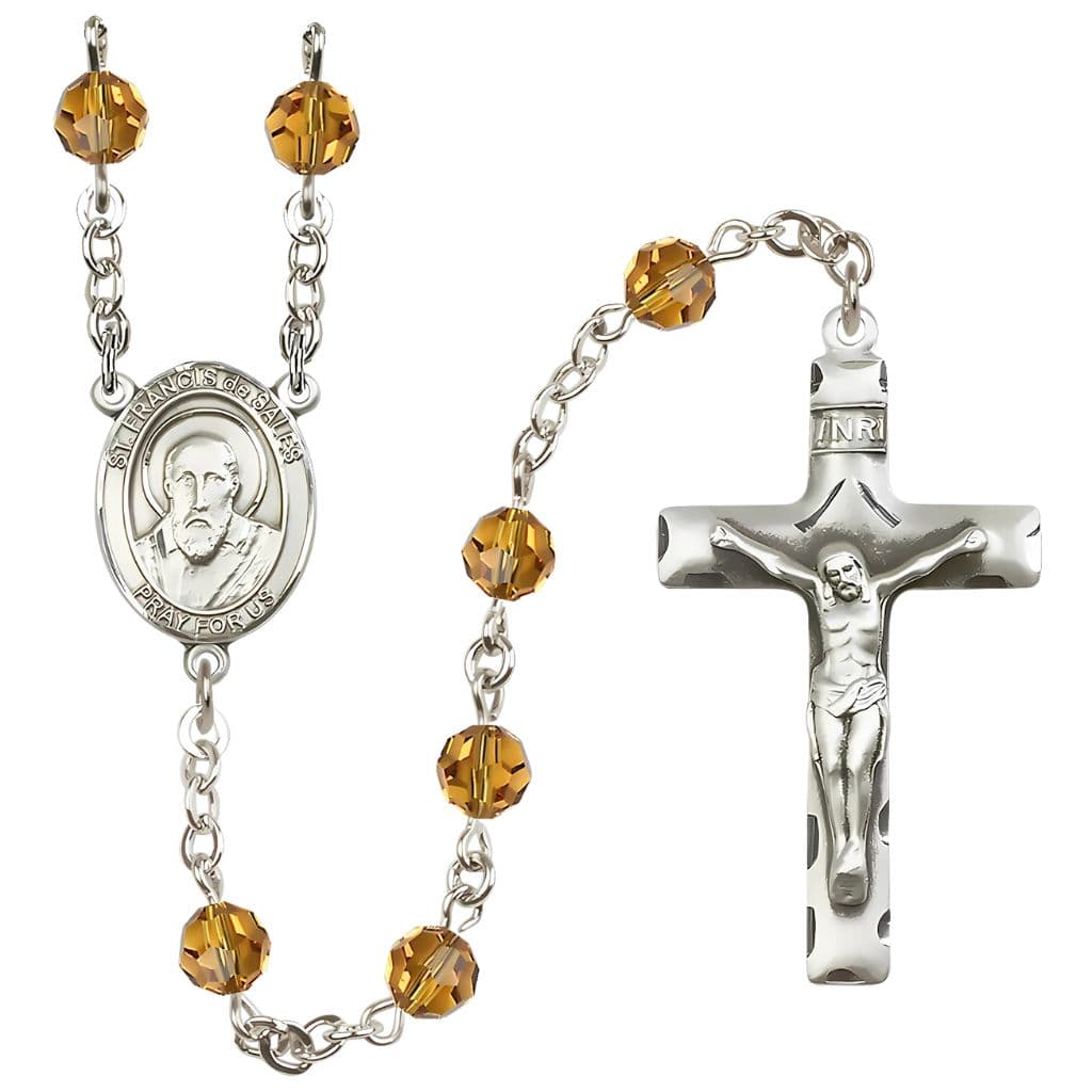 St. Francis de Sales Rosary with 6mm Topaz Austrian Crystal Beads and Sterling Silver,