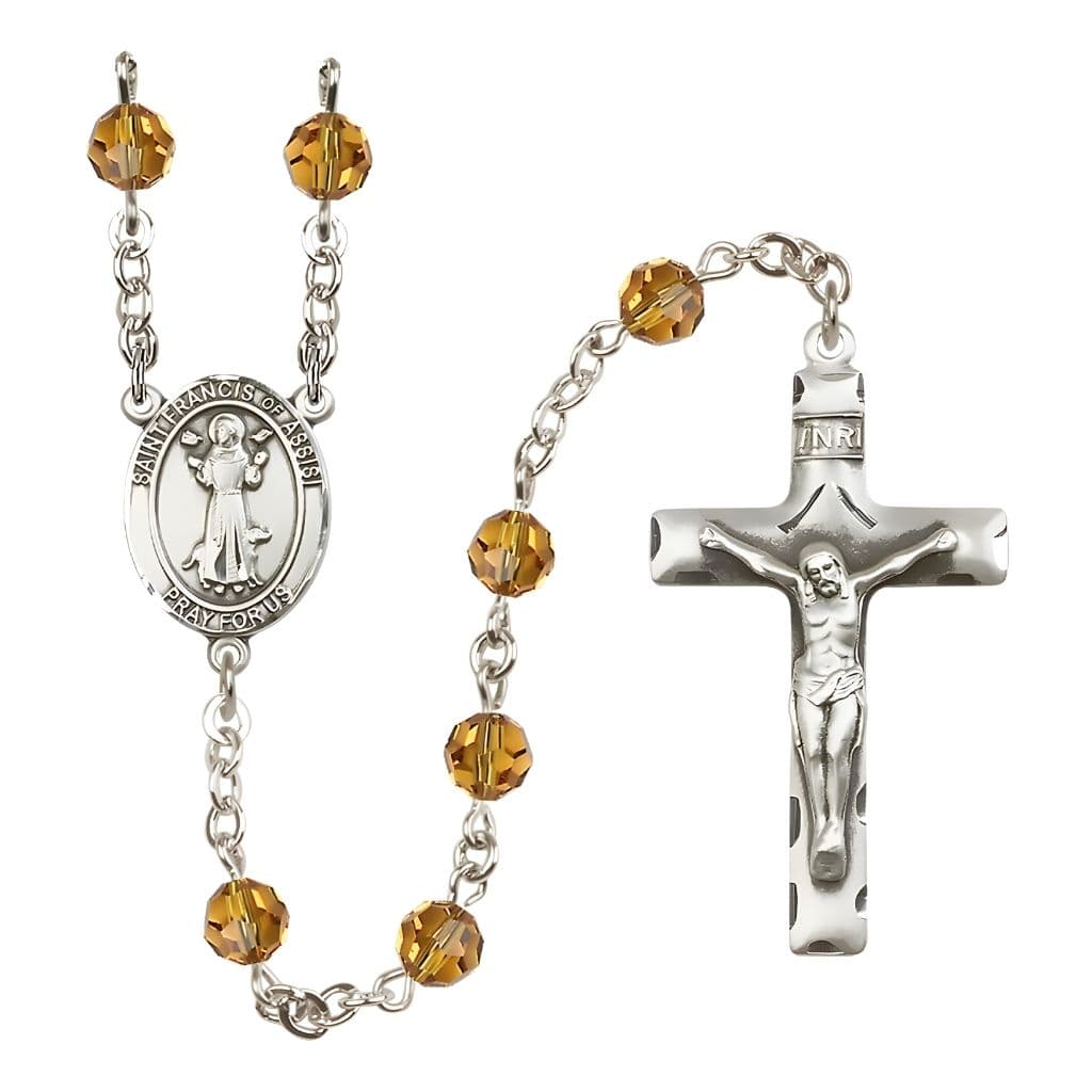 Bliss St. Francis of Assisi Sterling Silver 6mm Topaz Austrian Crystal Bead Rosary, USA Made