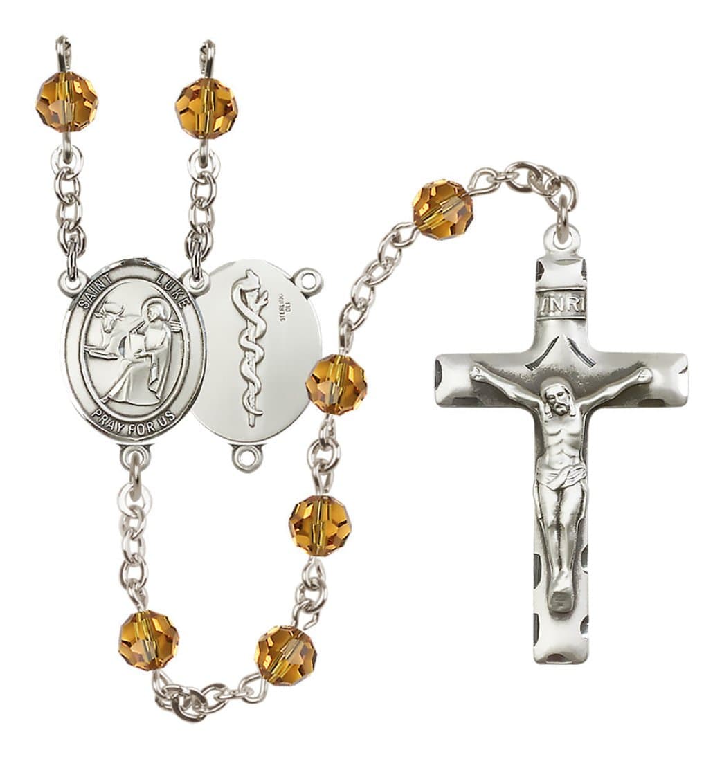 Bliss Sterling Silver 6mm Austrian Crystal Saint Luke the Apostle / Doctor Rosary in Topaz,